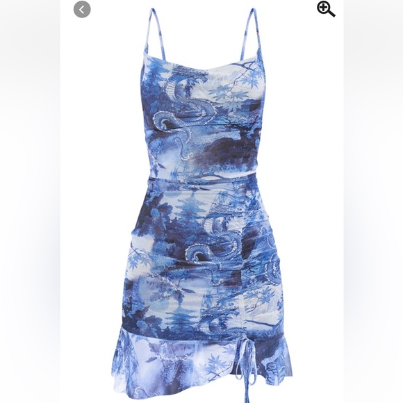 PLT Blue Mesh Dragon Print Rushed Bodycon Dress (SOLD OUT) - Picture 1 of 4